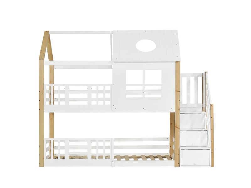  Lit superposé, 90 x 200 cm, lit cabane avec escalier de rangement, barrière de sécurité, fenêtre et toit, pin, blanc et naturel  - Conforama A