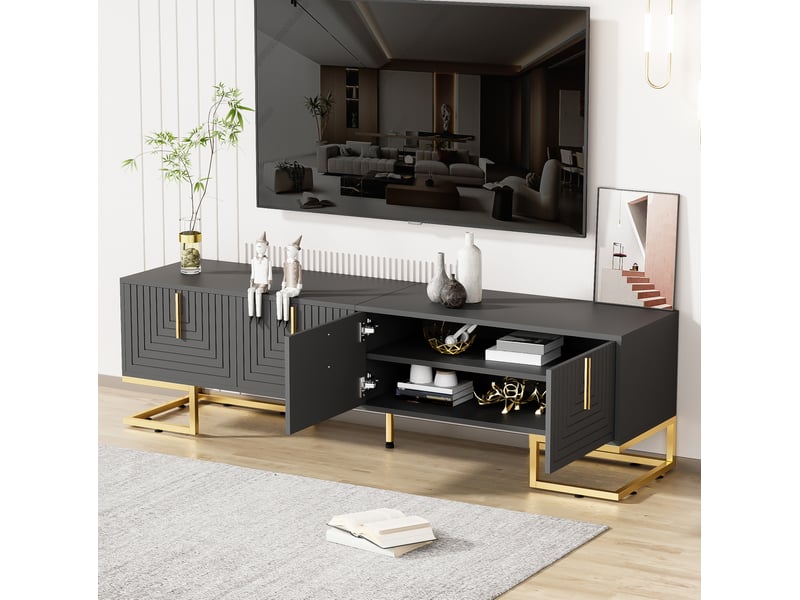  Meuble tv 170 cm gris anthracite, 4 portes texturées et pieds métalliques dorés  - Conforama E