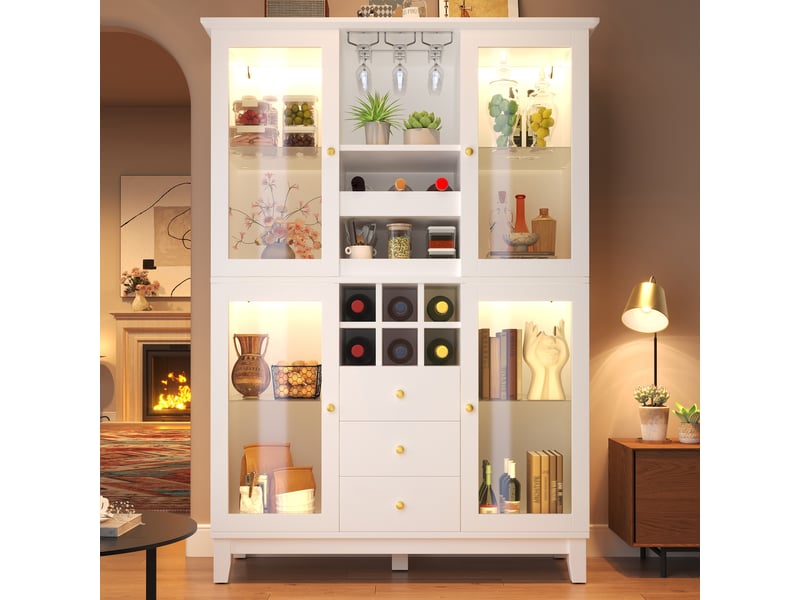  Meuble de cuisine muvano blanc, buffet bar avec 3 tiroirs et éclairage led, 120 × 40 × 180,5 cm  - Conforama C