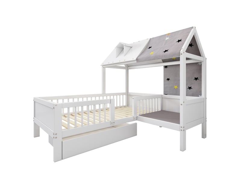  Lit enfant 90x200 cm en bois massif et mdf avec rangements et tissu, structure maison, sans matelas, blanc ORFRN634P1819156W - Conforama A