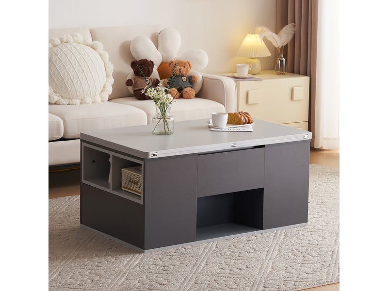  Table basse relevable multifonction 100x51 cm avec 2 plateaux extensibles et tiroirs de rangement, gris foncé et clair  - Conforama W