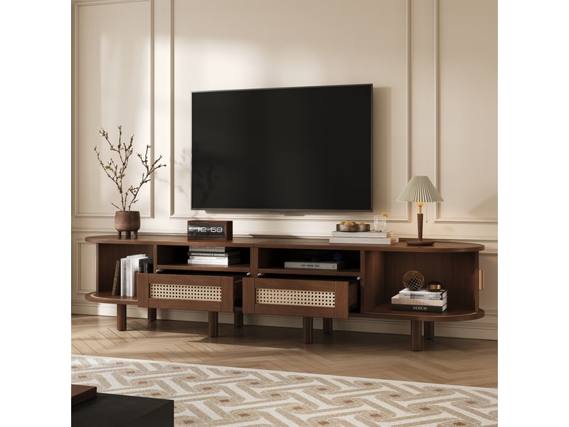 Meuble tv 170x40x40 cm ovale, 2 tiroirs en rotin, 2 portes coulissantes, pour écran jusqu’à 70 pouces, noyer  - Conforama D