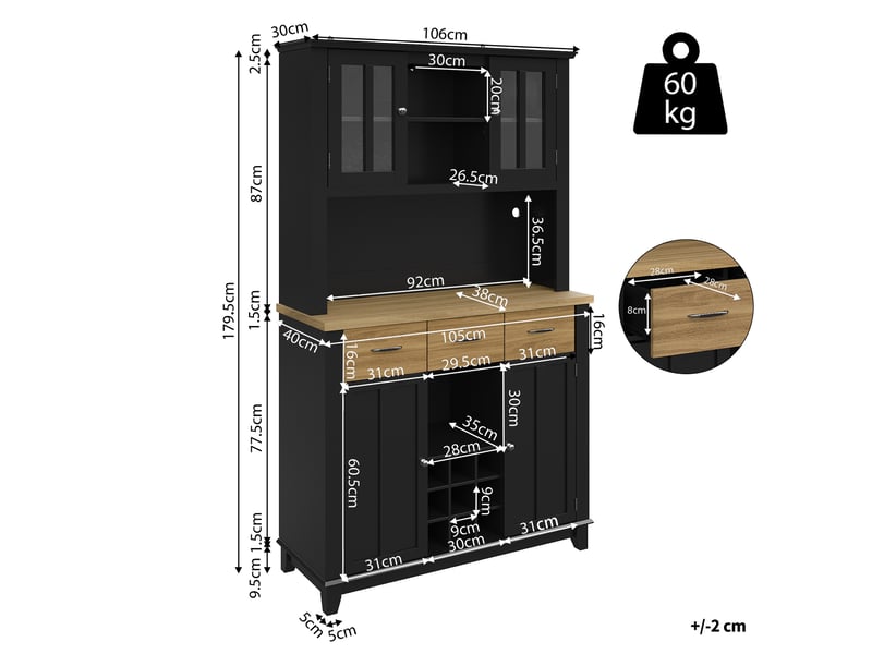 Buffet haut 106x40x179.5cm, armoire cuisine avec led avec étagères réglables, grande capacité de rangement, style moderne - bois et noir evarich - Conforama C