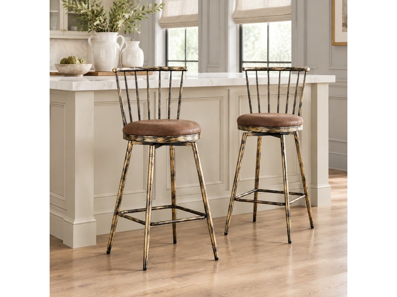 Tabouret de bar hauteur comptoir avec repose-pieds - lpospi - dossier windsor, assise rembourrée - tissu et métal - marron - Conforama C