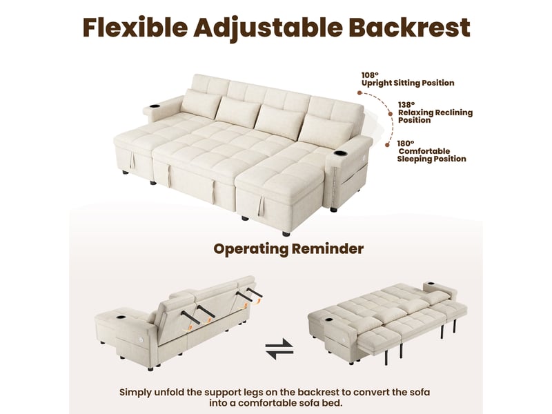  Canapé en u convertible 4 places en tissu chenille beige, 2 méridiennes à rangement, led, usbtype-c  - Conforama C