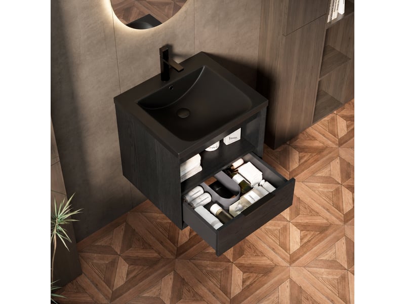  Meuble vasque suspendu de 51 cm avec vasque intégrée en céramique, tiroir et étagère, noir  - Conforama C