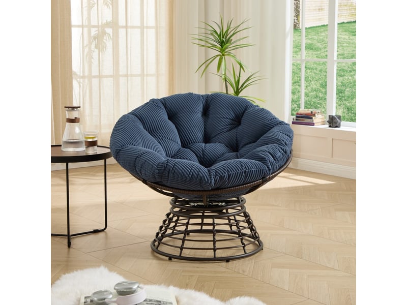  Fauteuil papasan pivotant à 360° en résine tressée - 92x92x67cm - coussin épais velours côtelé confortable - marron et bleu  - Conforama B