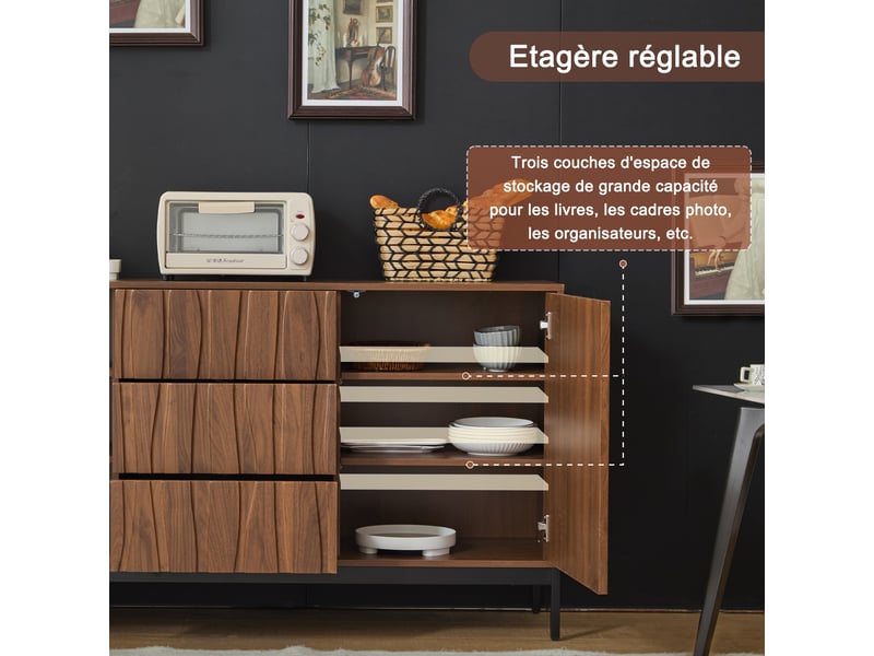 Buffet bas 150 x 40 x 80 cm, 3 tiroirs et étagères réglables, façades rainurées et pieds en métal, aspect chêne - Conforama D