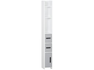 Meuble de salle de bain avec étagères et placards, armoire haute en bois gain de place 15 x 17 x 120 cm, blanc et gris