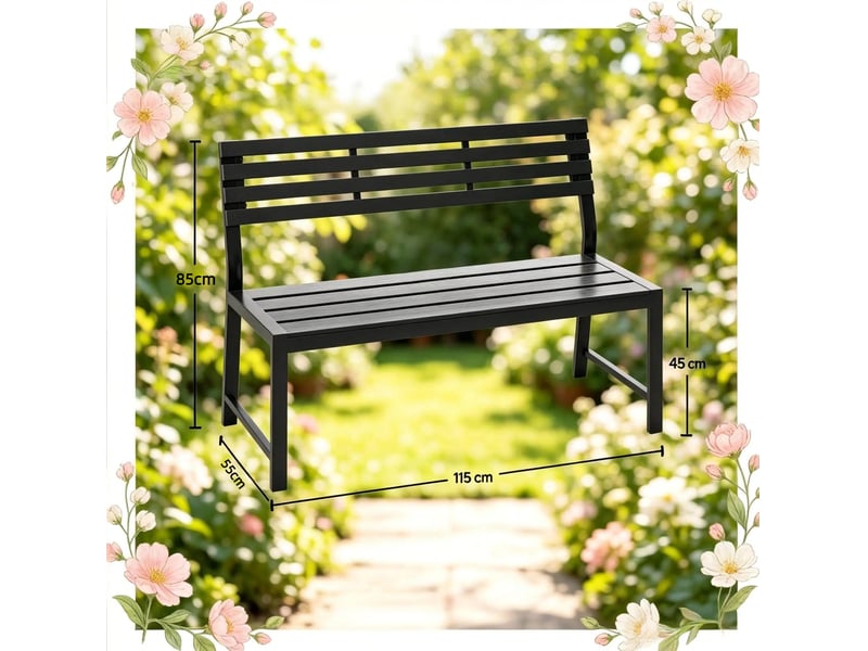  Banc de jardin 115x55x85 cm avec dossier métal noir  - Conforama E