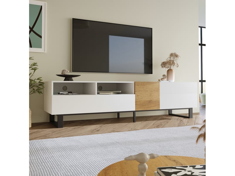  Meuble tv 180 x 38 x 50 cm, 2 tiroirs et 2 portes, blanc et décor bois  - Conforama D