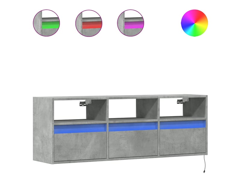  Meuble tv - banc tv - meuble de rangement mural avec lumières led gris béton 130x31x45 cm  - Conforama A