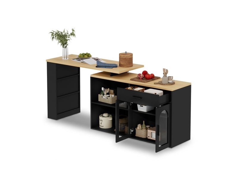 Îlot de cuisine fixe 136x50x78 cm avec plateau pivotant à 360° en mdf noir et effet bois - Conforama A