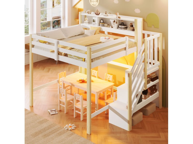  Lit mezzanine enfant 140x200 cm avec led et escalier de rangement blanc et naturel  - Conforama E