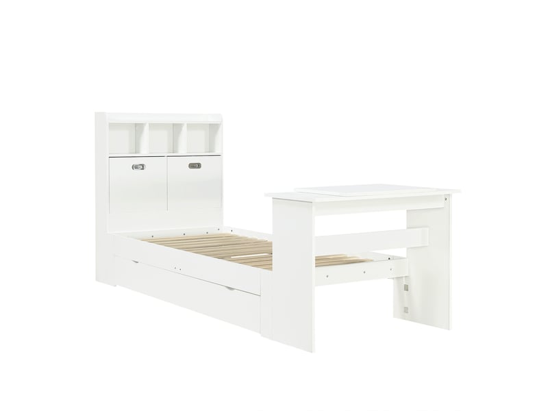  Lit adolescent avec rangement 90x200 cm, étagère tête de lit et table pliante, blanc  - Conforama W