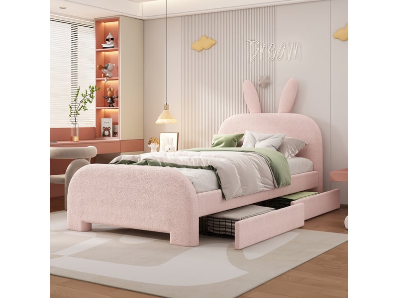  Lit enfant 90x200 cm, tiroirs, forme de lapin, dessin style cartoon, sommier, peluche rose, sans matelas  - Conforama W