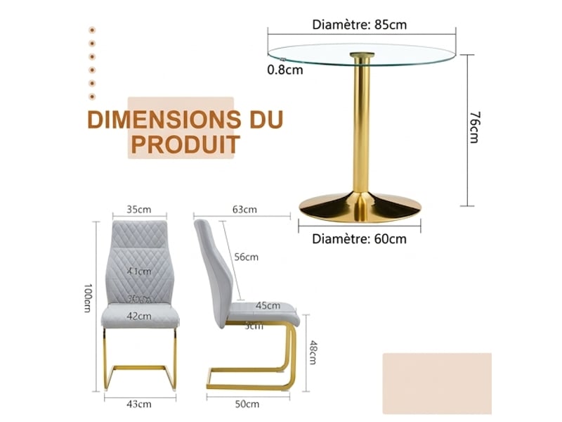  Ensemble table ronde ø85 cm et 2 chaises, verre et assises gris clair, pieds dorés  - Conforama C