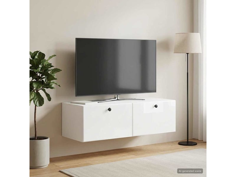  Meuble tv - banc tv - meuble de rangement mural 98 x 41 x 30 cm blanc brillant  - Conforama D