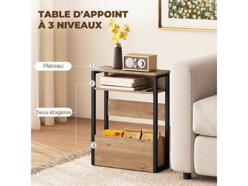  Table d'appoint table de chevet avec étagère à deux niveaux coins arrondis noyer 46l x 18p x 58,5h cm  - Conforama E