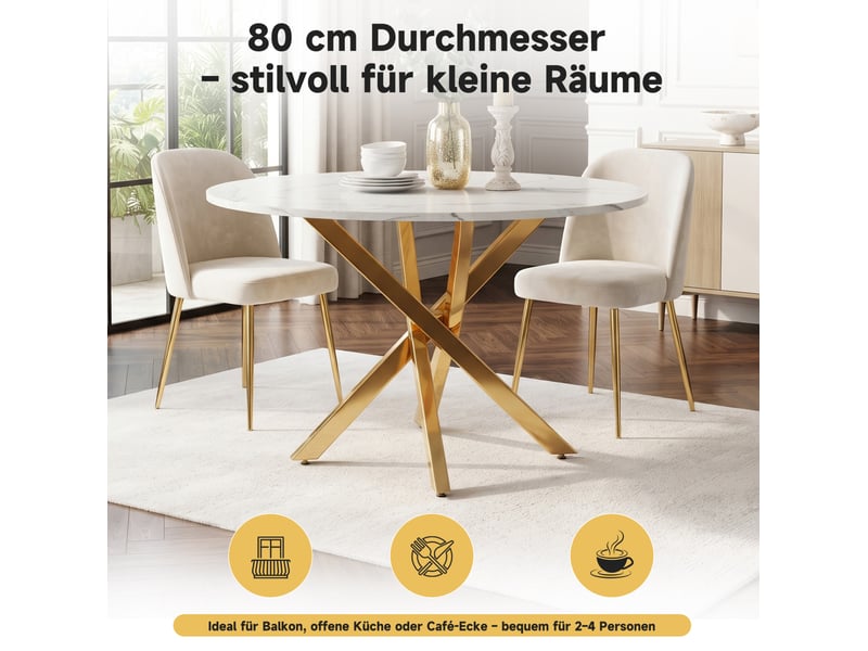  Table de salle à manger ronde 80 cm – plateau effet marbre mdf et pieds métal dorés – blanc et doré  - Conforama E