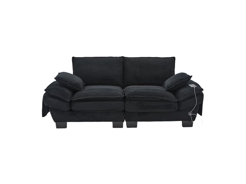  Canapé 2 places en velours côtelé noir, assise large 125 cm et usb-c intégré avec poches latérales  - Conforama A