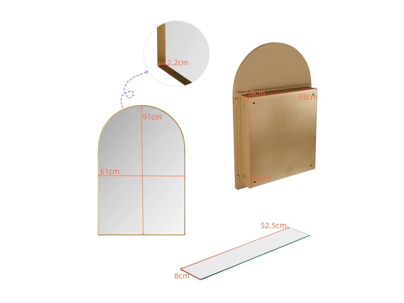 Armoire miroir murale arquée dorée, cadre métal, étagères réglables, encastrable - Conforama C