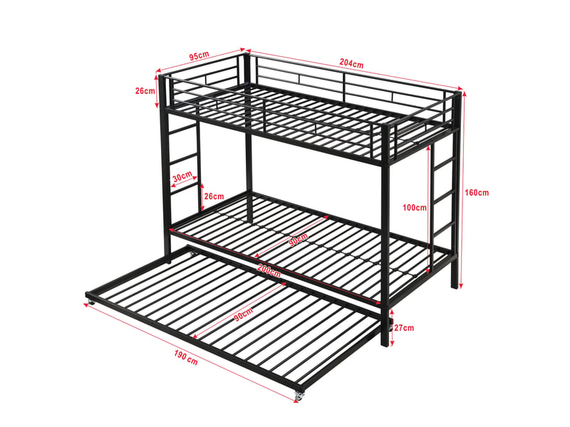 Lit superposé enfant 90x200 cm en métal noir avec lit gigogne et barrières - Conforama C