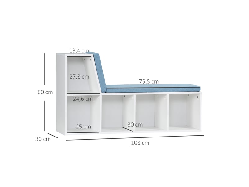  Bibliothèque banc 2 en 1 avec 5 compartiments de rangement et 2 coussins 108 x 30 x 60 cm blanc bleu  - Conforama E