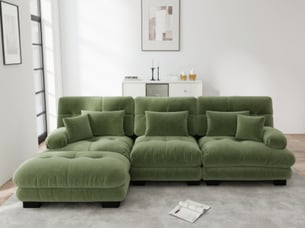 Canapé modulable d’angle en l 3 places avec pouf mobile, chenille vert, assise profonde