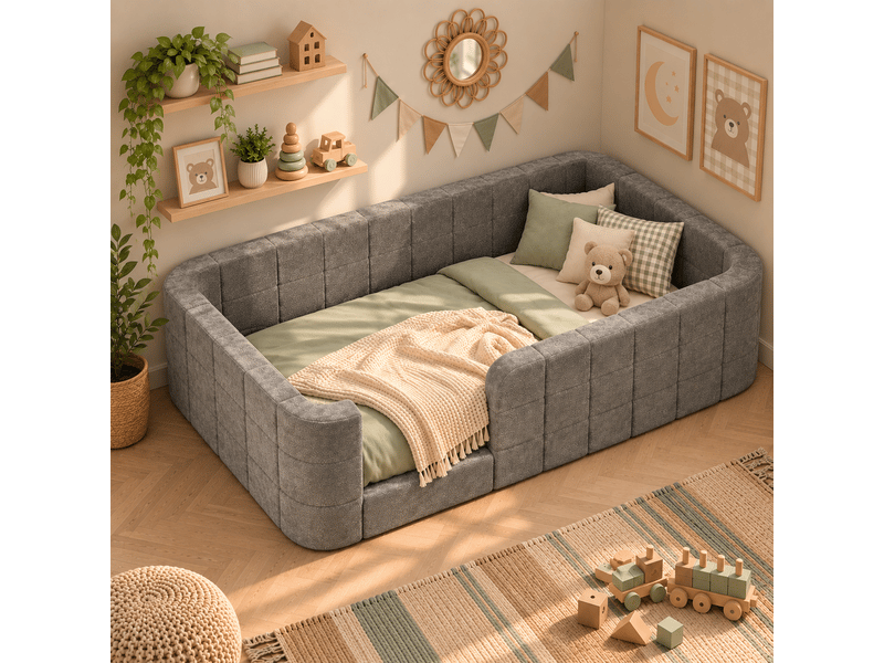 Lit au sol enfant 90x200 cm rembourré en chenille avec barrières de protection intégrales, entrée basse et sommier à lattes - gris - Conforama B