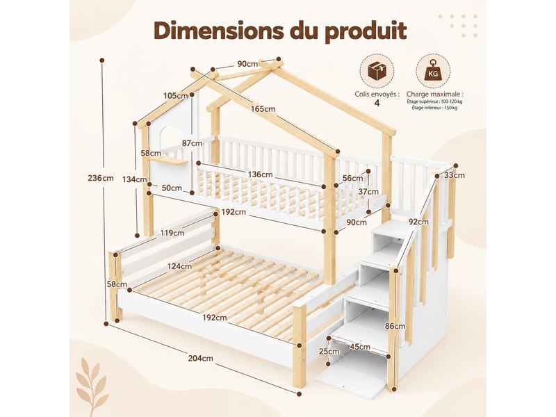 Lit superposé avec escalier et rangement intégré, style cabane, 90x190 et 120x190 cm, blanc et aspect bois naturel - Conforama C
