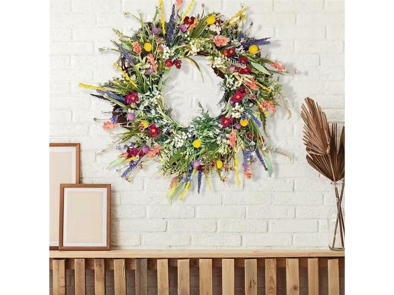  Couronne de fleurs sauvages 35cm, décoration murale et porte d'entrée pour printemps-été, couronne florale artificielle séchée, plante à fleurs éternelles  - Conforama C