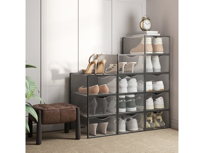  Boîtes à chaussures, lot de 18, transparentes, en plastique, avec porte, empilables, 33,2 x 23 x 14,5 cm, transparent et noir  - Conforama B