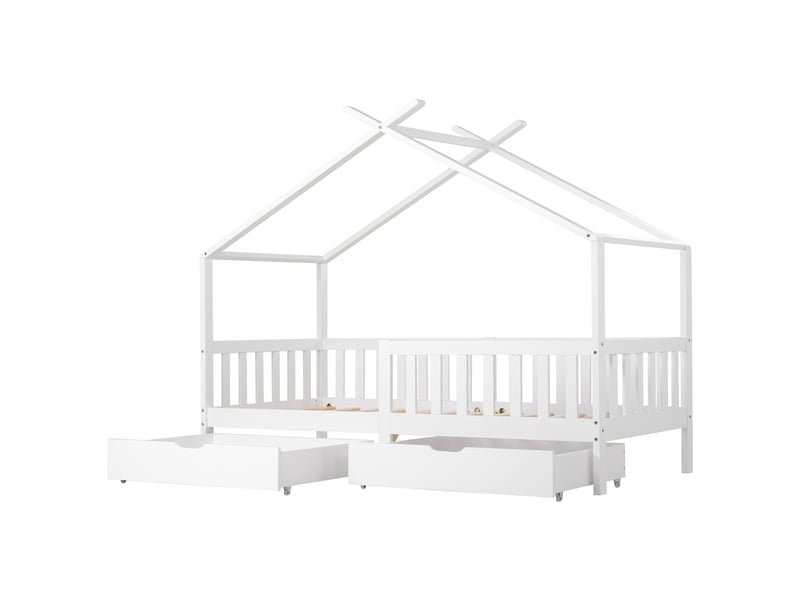  Lit cabane blanc 200x90 cm avec sommier à lattes et tiroirs  - Conforama W