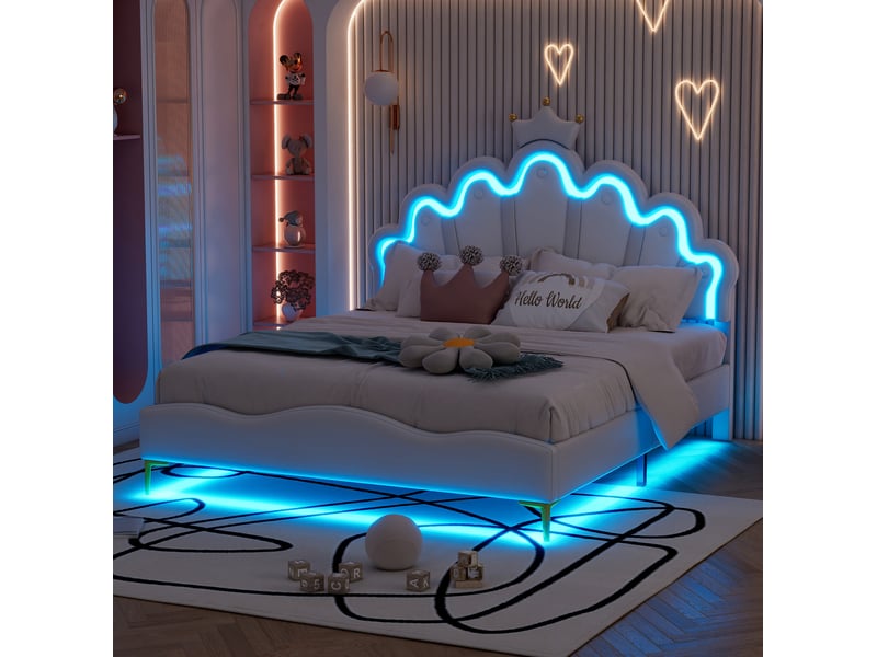 Lit 2 places 140x200 cm blanc avec éclairage led, tête de lit couronne en similicuir - Conforama B