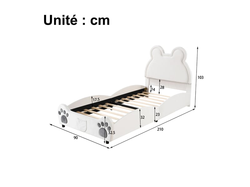 Lit simple pour enfant 90x200 cm - lit rembourré en forme d'ours - velours + métal + contreplaqué - sans matelas - blanc - Conforama C