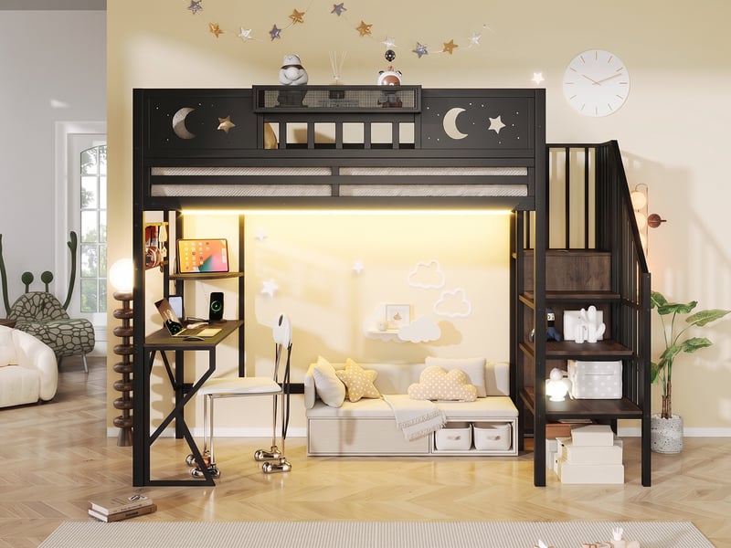  Lit mezzanine 90x200 cm, bureau, escalier de rangement, étagères, panneau perforé, led et usb, métal et mdf, noir  - Conforama B