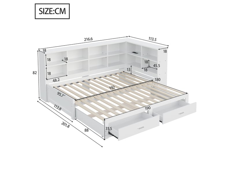  Lit banquette 90x190 cm extensible 180x190 cm – blanc – rangements, prise intégrée - sans matelas  - Conforama C