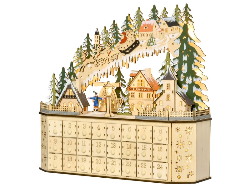  Calendrier de l'avent décoratif de noël, 24 tiroirs, lumières led, 39 cm x 9 cm x 42 cm, blanc et vert  - Conforama B