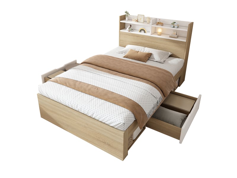  Lit enfant avec rangements 90x190 cm, tête de lit à étagères, 2 tiroirs sur roulettes, niches ouvertes, sommier à lattes, blanc et décor chêne  - Conforama A