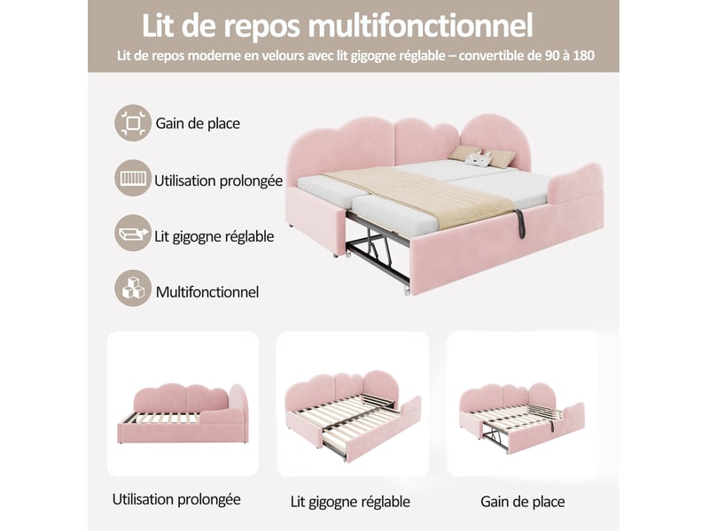  Couchage gigogne enfant, 90x200 cm, avec tête de lit inspirée d’un nuage, matelas non inclus, velours, coloris rose  - Conforama E