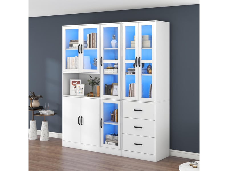 Vitrine d'exposition - 180x40x200cm - vaisselier xxl avec led usb app, 8 portes, 3 tiroirs &amp; étagères - blanc  - Conforama C