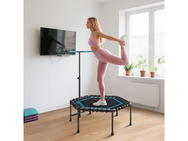  Trampoline de fitness 114 cm, cordes élastiques, poignée réglable 3 positions, trampoline d'exercice silencieux, bleu  - Conforama W