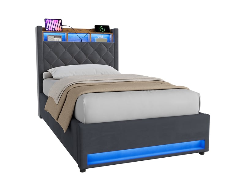  Lit coffre lit simple avec usb et led réglable, couchage 90 x 190 cm, sans matelas, gris  - Conforama A