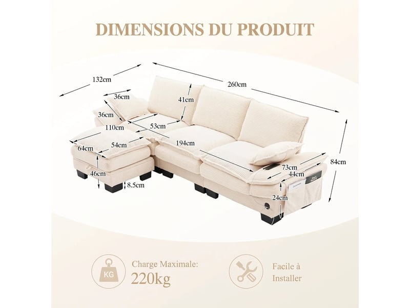  Canapé 3 places velours côtelé modulable avec pouf - port usb-c intégré, poches latérales, beige  - Conforama C