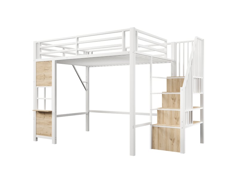 Lit mezzanine 140 × 200 cm, escalier-rangement, espace inférieur, garde-corps et sommier à lattes, métal et mdf, blanc - Conforama A
