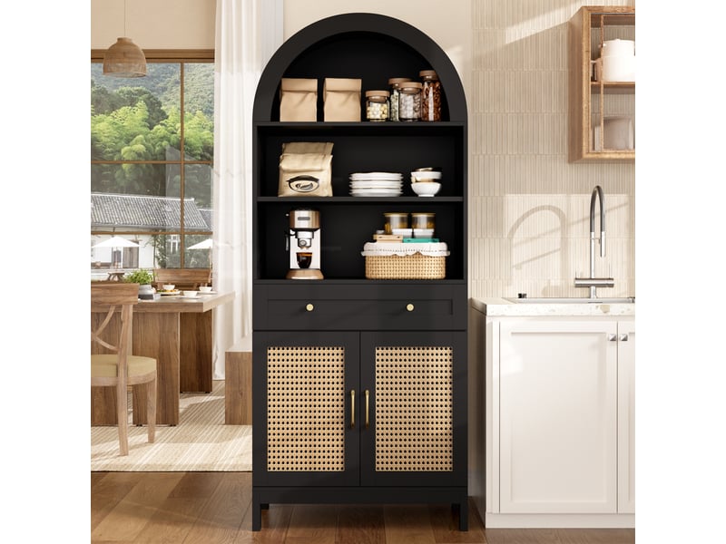 Vitrine meuble de rangement en mdf 70x40x170 cm avec portes en rotin, étagères ouvertes, tiroir et placard fermé - noir et bois - Conforama B