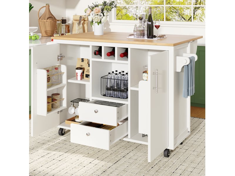  Îlot de cuisine mobile 137,9 x 73 cm avec plateau rabattable et rangements blanc  - Conforama E
