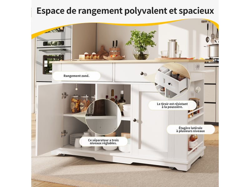  Desserte cuisine, îlot central sur roulettes avec plan de travail, plateau extensible, 2 tiroirs, dimensions 151,5 x 59,7 x 91,7 cm, mdf, blanc  - Conforama E