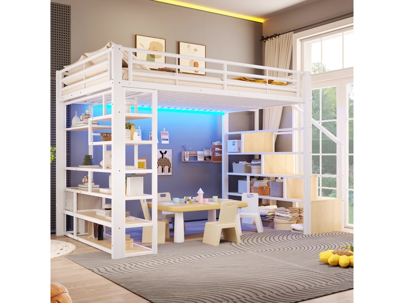Lit mezzanine enfant 140x200 cm, escalier avec rangement, 2 tiroirs en tissu, étagères, led, espace ouvert, métal blanc Radiant Stride - Conforama D